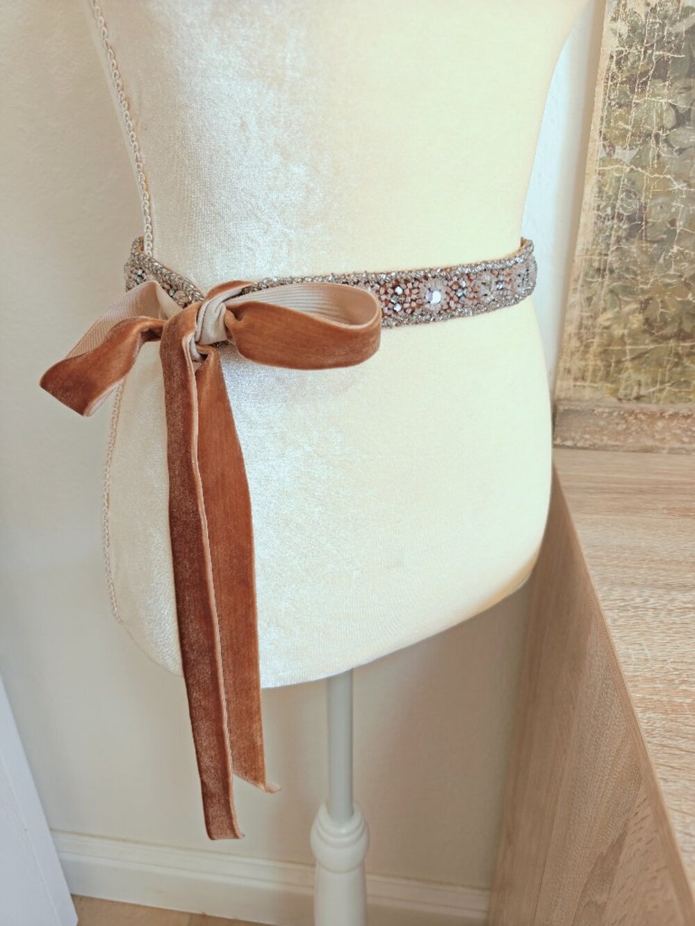 J.Crew Vintage Beaded Velvet Sash Belt Rhinestone Crystal Tan Brown OS